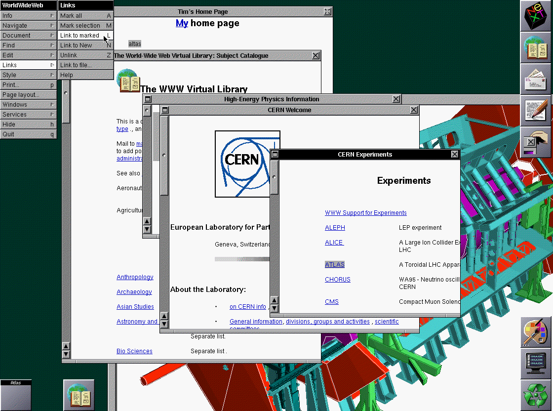 The WorldWideWeb browser-editor on a NeXT screen: Tim's home page, the WWW Virtual Library and CERN pages in overlapping windows, and the Links menu open on Link to marked — reading and writing in one program