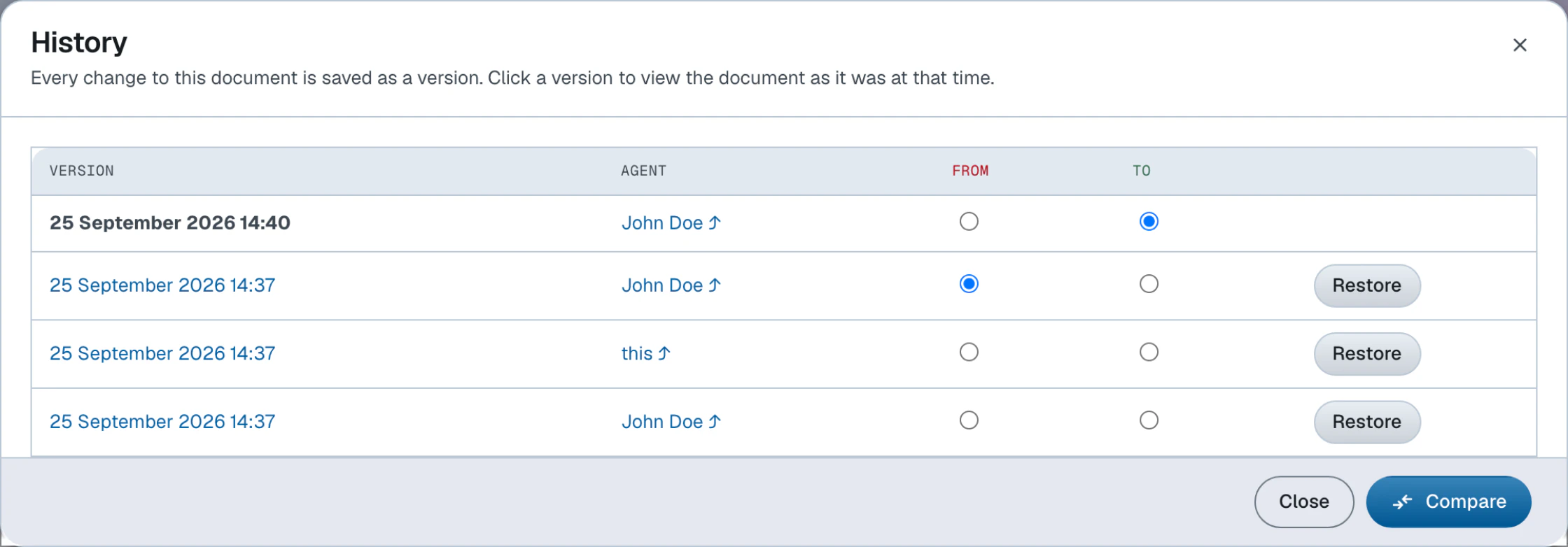 The History dialog on a Northwind order, versions with agent attribution